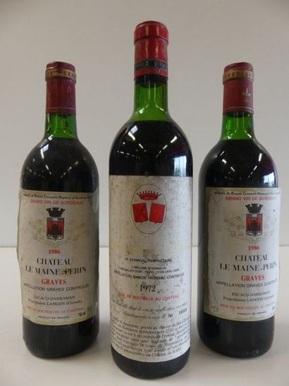 null 1 lot de 3 bouteilles : 2 Château Le Maine Perin Graves Rouge 1986 (Niv. Bon,...