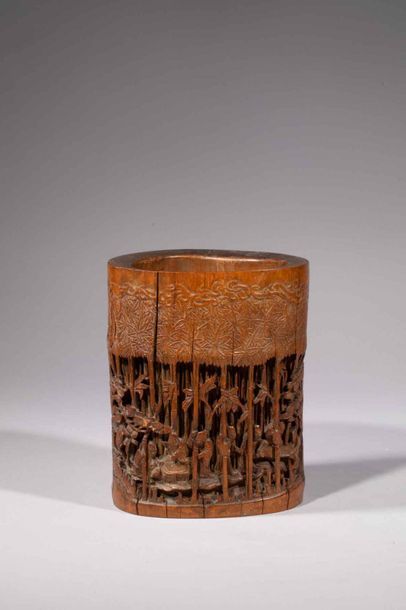 null Bitong bamboo brush holder chiselled in openwork of a bamboo forest animated...