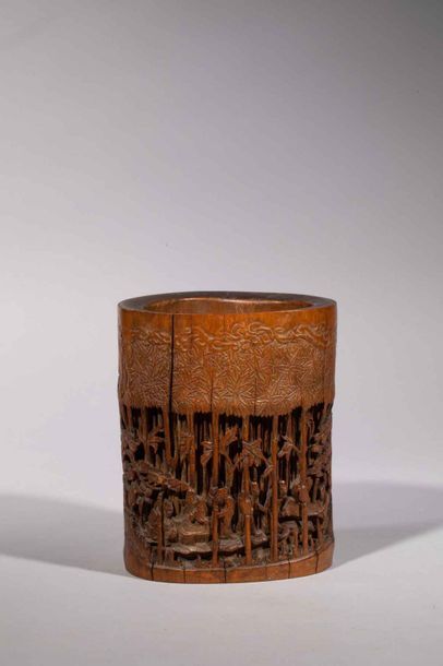 null Bitong bamboo brush holder chiselled in openwork of a bamboo forest animated...