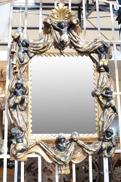 null IMPORTANT AND RARE MIRROR OF PALAIS VENITIEN IN POLYCHROME WOOD moulded and...