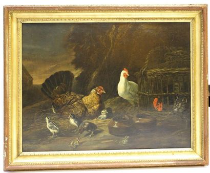 null TRES GRAND ET JOLIE TABLEAU "SCENE DE BASSE-COUR; UNE POULE PROTEGEANT SES POUSSINS...