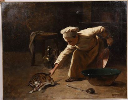 null BEAUTIFUL TABLE "YOUNG KITCHEN COMMISSIONER ATTRACTING A CAT" by Jean ROY (XIXth...
