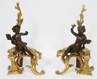 null PAIRE DE CHENETS ROCAILLE "AUX PUTTI" XIXè

En bronze doré et pâtiné à motifs...