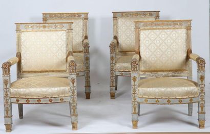 null SET OF FOUR EMPIRE ACCENT CHAIRS

With a flat, square back, moulded frame and...