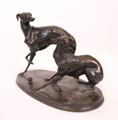 null SCULPTURE " DEUX LEVRETTES JOUANT AVEC UNE BALLE" by Pierre-Jules MÈNE (1810-1879)

Bronze...