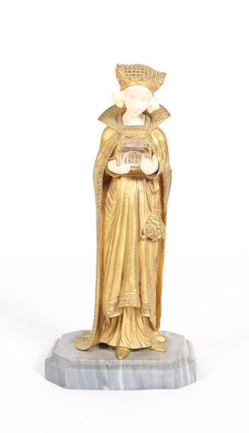 null VERY NICE CHRYSELEPHANTINE SCULPTURE "YOUNG MEDIEVAL PRINCESS HOLDING A BOX"...