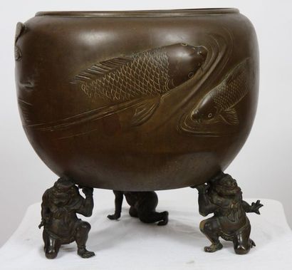 null CACHE POT IN JAPANESE BRONZE

Bronze patinated, with carp motifs in low relief,...