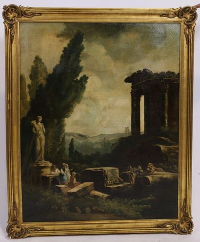 null VERY LARGE AND BEAUTIFUL TABLE "LANDSCAPE WITH ANTIQUE RUINS" - 19th century...