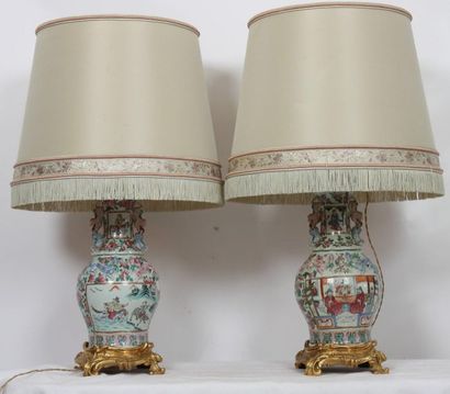 null PAIR OF CHINA VASES MOUNTED IN LAMPS

Of balluster shape, in polychrome porcelain,...