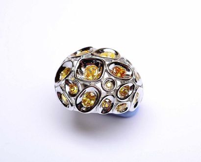 null Very rare white gold jewelry ring set with 23 NATURAL yellow and orange diamonds,...