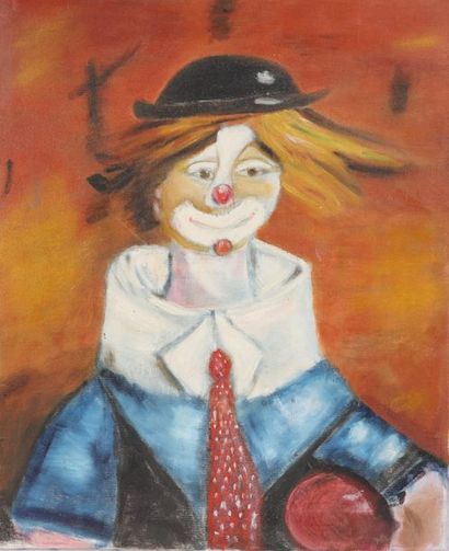 null "RED-TIE CLOWN" BOARD. 

Oil on Canvas.

20th century period.

46 x 38 cm.