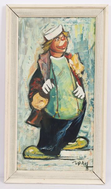 null "CLOWN IN SUSPENDERS" BOARD

Oil on canvas, signed, framed.

20th century period.

60...