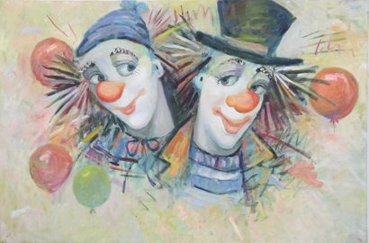 null "TWO BALLOON CLOWNS" PAINTING. 

Oil on canvas.

20th century period.

60 x...