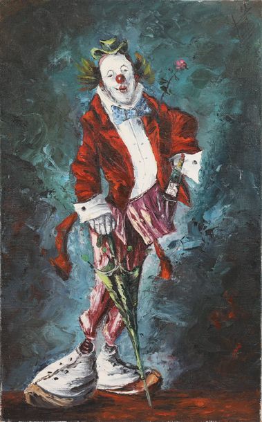 null "CLOWN WITH THE GREEN UMBRELLA" PAINTING. 

Oil on canvas, bearing a signature.

20th...