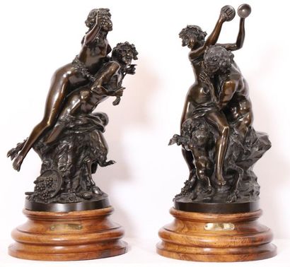 null PAIRE DE GROUPES EN BRONZE "FAUNE ET BACCHANTE ET JEUNE FAUNE OU LES VENDANGES...