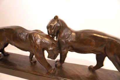 ANDRÉ VINCENT BECQUEREL (1893-1981) BRONZE ANIMALIER ART DECO "COUPLE DE PANTHERES"...