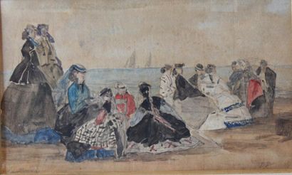 EUGENE LOUIS BOUDIN (1824-1898) Femmes en crinolines sur la plage Crayon et aquarelle...