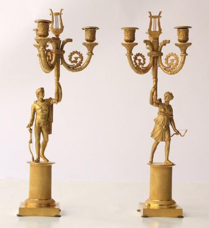 null PAIRE DE CANDELABRES En bronze doré et ciselé représentant un homme et une femme...