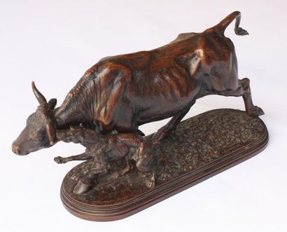 Isidore BONHEUR (1827 - 1901) Chien au taureau Epreuve en bronze à patine brune,...