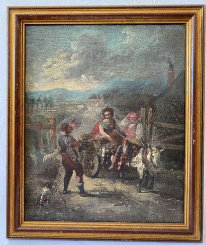 null LA CARRIOLE - SCENE DE VILLAGE - - Huile sur toile Epoque début XIXe - Usures...