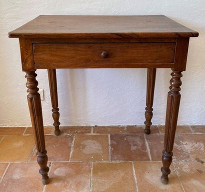 null SMALL WALNUT TABLE - With four molded legs - One drawer in belt on top of wood...