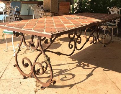 null RECTANGULAR TABLE - Regency style Wrought iron legs supporting a tray decorated...
