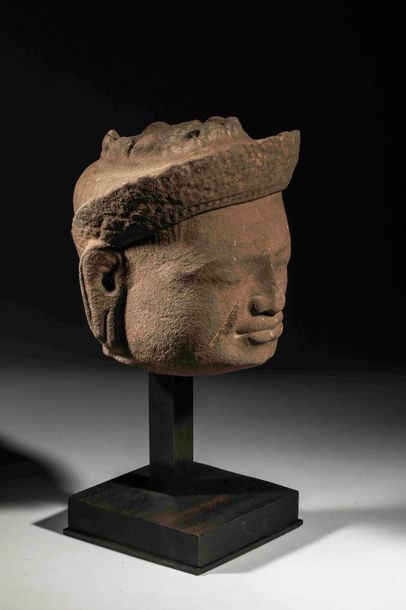 null Head of Vishnu or Shiva with a youthful beauty topped by a wrought tiara tied...