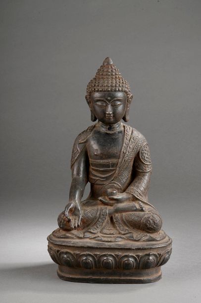 null Buddha Amitayus seated in meditation on a lotiform pedestal dressed in the monastic...
