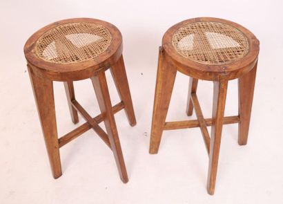null PIERRE JEANNERET (1896-1967)

Pair of two high round stools, solid teak, wicker...