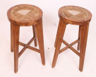 null PIERRE JEANNERET (1896-1967)

Pair of two high round stools, solid teak, wicker...
