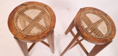 null PIERRE JEANNERET (1896-1967)

Pair of two high round stools, solid teak, wicker...