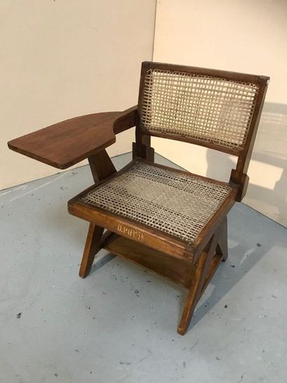 null Pierre JEANNERET (1896-1967) Solid teak writing chair, with a sloping flat backrest...