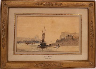 null CHARMING LITTLE PAINTING "BATEAU A MAREE BASSE" ATTRIBUTED TO JULES ACHILLE...