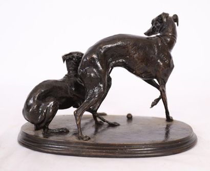 null BRONZE ANIMALIER" DEUX LEVRETTES JOUANT A LA BALLE" DE PIERRE-JULES MENE (1810-1879)

Sculpture...