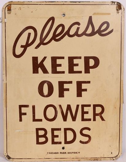 null ENAMELED "KEEP OFF FLOWER BEDS" PLAQUE.

Rectangular metal plate with rounded...