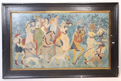 null LARGE DECORATIVE ART DECO PANEL IN POLYCHROME PLASTER REPRESENTING A CONVOY...