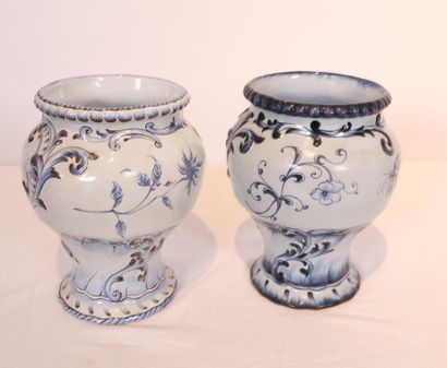 null SET OF TWO FAIENCE VASES with blue monochrome decoration of a lakeside landscape...