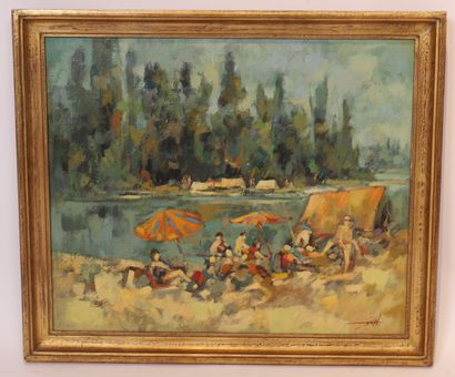 null CHARMING AND PRETTY PAINTING "PICNIC ON THE BANKS OF THE LOIRE IN MONTLOUIS"...