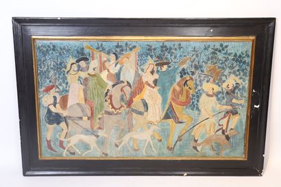 null LARGE DECORATIVE ART DECO PANEL IN POLYCHROME PLASTER REPRESENTING A CONVOY...
