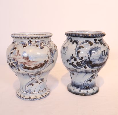 SET OF TWO FAIENCE VASES with blue monochrome...