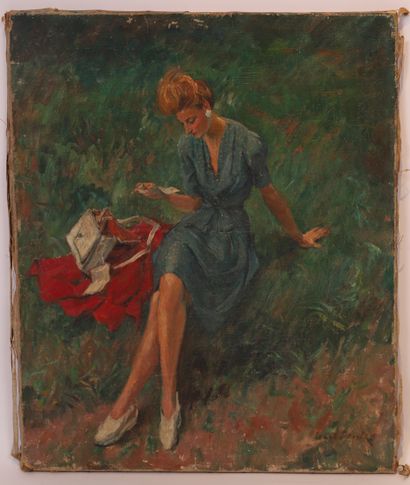 Henri FAIVRE PLEASANT TABLE "YOUNG WOMAN READING A LETTER" TOWARDS 1940 BY Henri...