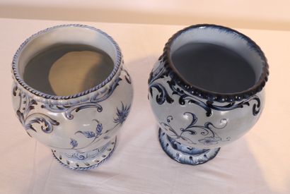 null SET OF TWO FAIENCE VASES with blue monochrome decoration of a lakeside landscape...