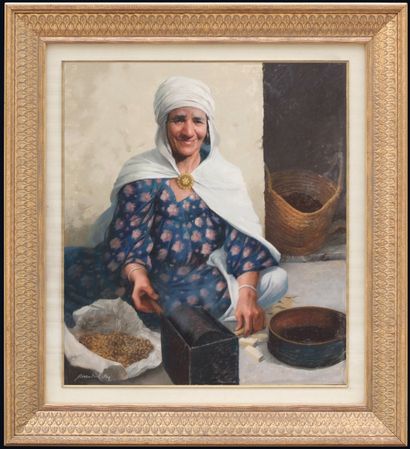 VANDERKELEN MOVING ORIENTALIST PAINTING "PORTRAIT OF AN OLD WOMAN WITH COFFEE BEANS"...
