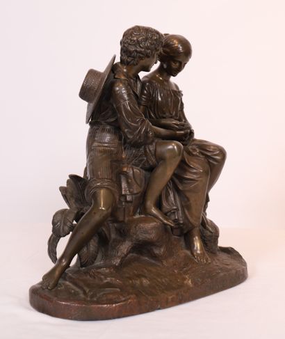 Charles CUMBERWORTH BRONZE CHARMANT "YOUNG COUPLE OF PEASANTS AT THE BIRDS' NEST"...