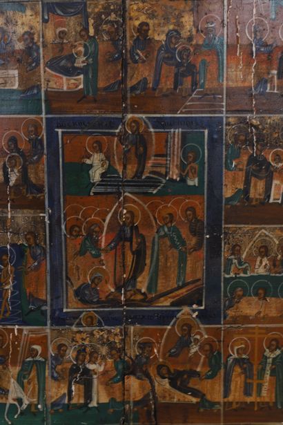null VERY BEAUTIFUL POLYCHROME WOODEN ICON DECORATED WITH SMALL SCENES OF THE LIFE...