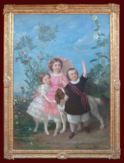 Eugène FAURE VERY IMPORTANT AND SENTIMENTAL PAINTING "PORTRAIT OF CHILDREN AND A...