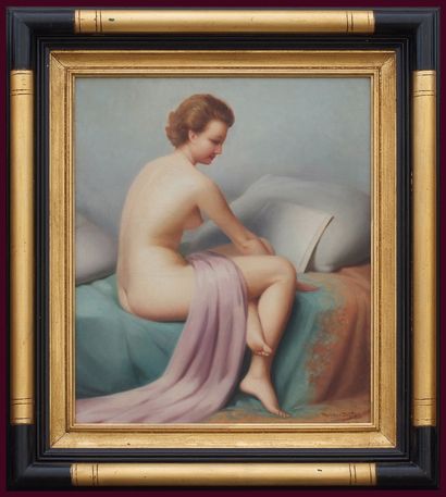 Robert DUFLOS MAGNICENT PAINTING "NARROW WOMAN WITH PINK DRAPE SITTING ON THE BED"...