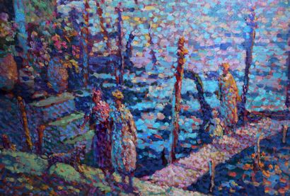 BEGARAT VERY NICE POINTILLIST PAINTING "WOMEN AND CHILDREN ON A Dock in VENICE" by...