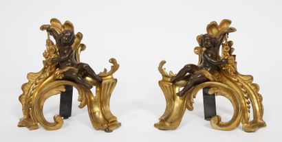 null PAIRE DE CHENETS “AUX AMOURS” ROCAILLE

En bronze doré et patiné, représentant...