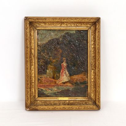 GLIZE CHARMANT PETIT TABLEAU "FEMME DANS UN PARC" attribué à Charles GLIZE (1818-1892)...